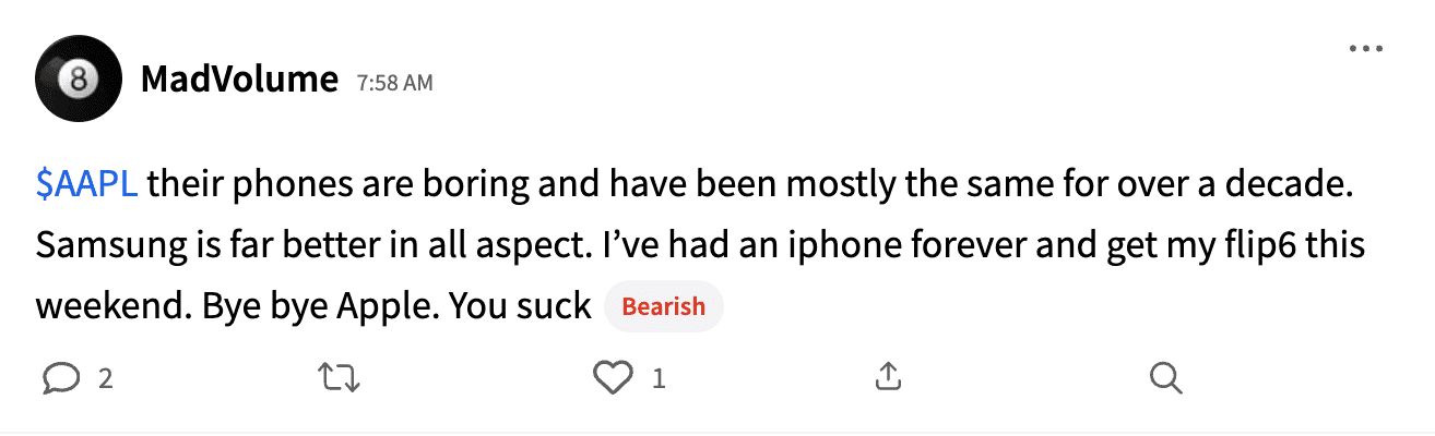 Bearish post on AAPL Stocktwits stream Jul 25.png