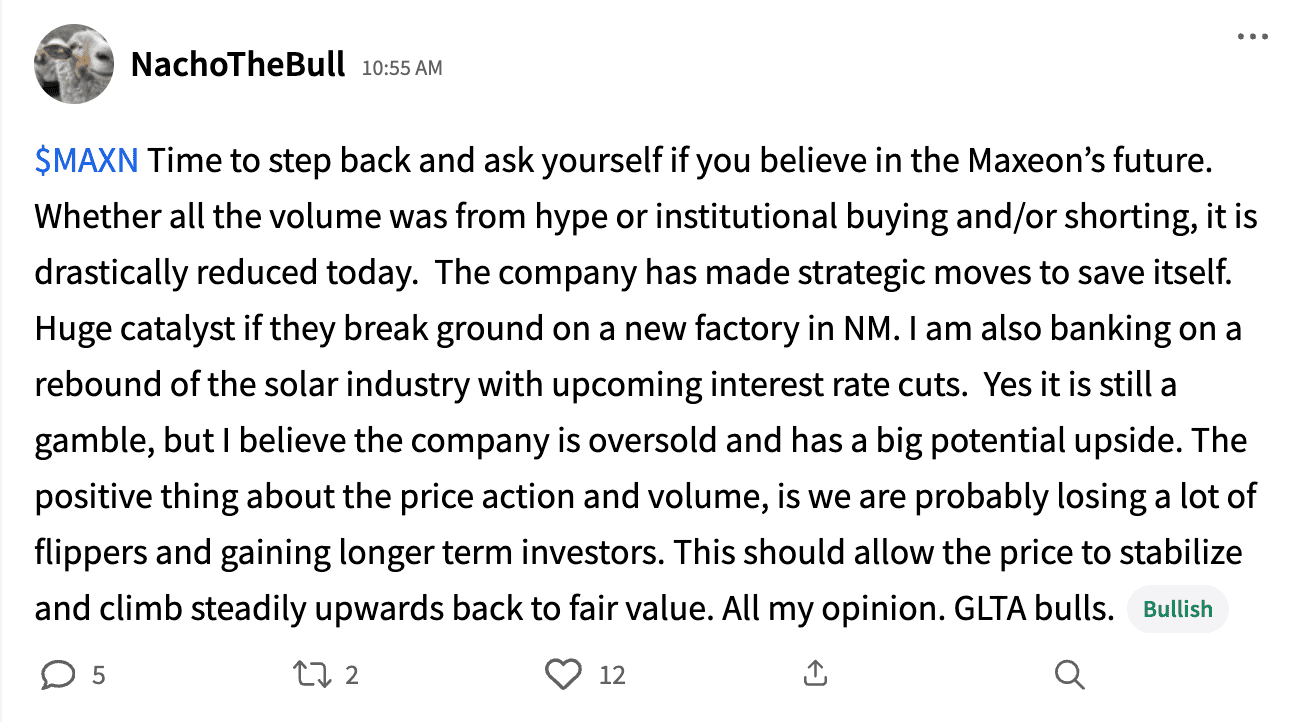 Stocktwits user NachoTheBull's post on MAXN symbol stream.