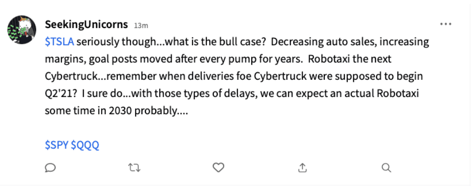 A user post about Tesla on Stocktwits