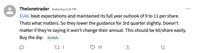 Stocktwits user Thelonetrader's post on United Airlines