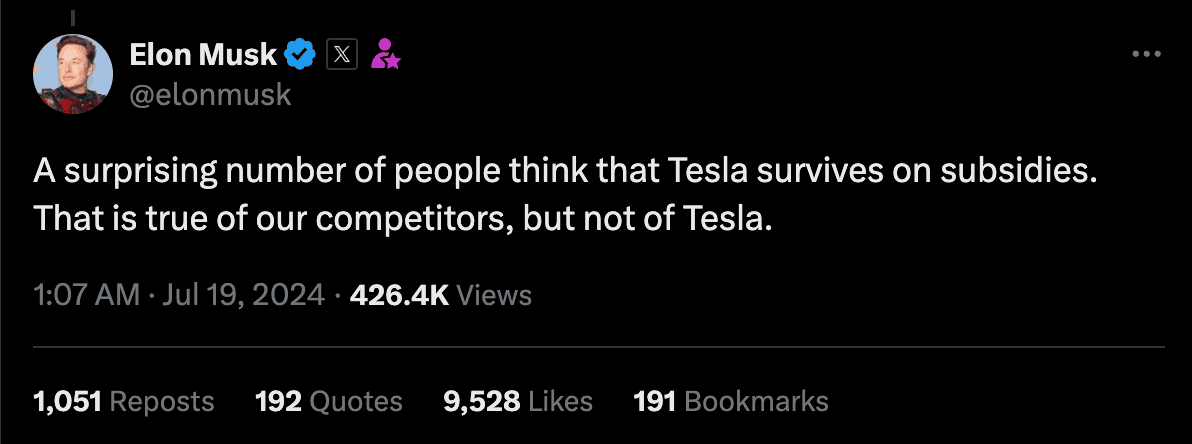 Elon Musk tweet about Tesla subsidies on Jul 19