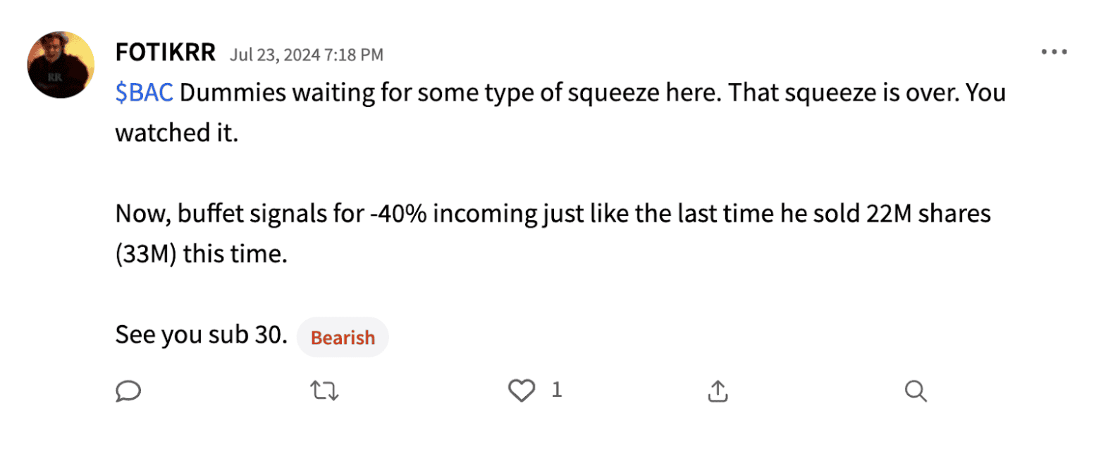 Stocktwits user FOTIKRR's post on Bank of America