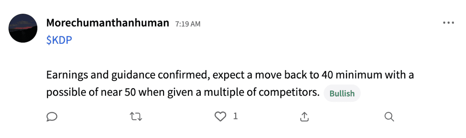 Stocktwits user Morechumanthanhuman's post on Keurig Dr Pepper