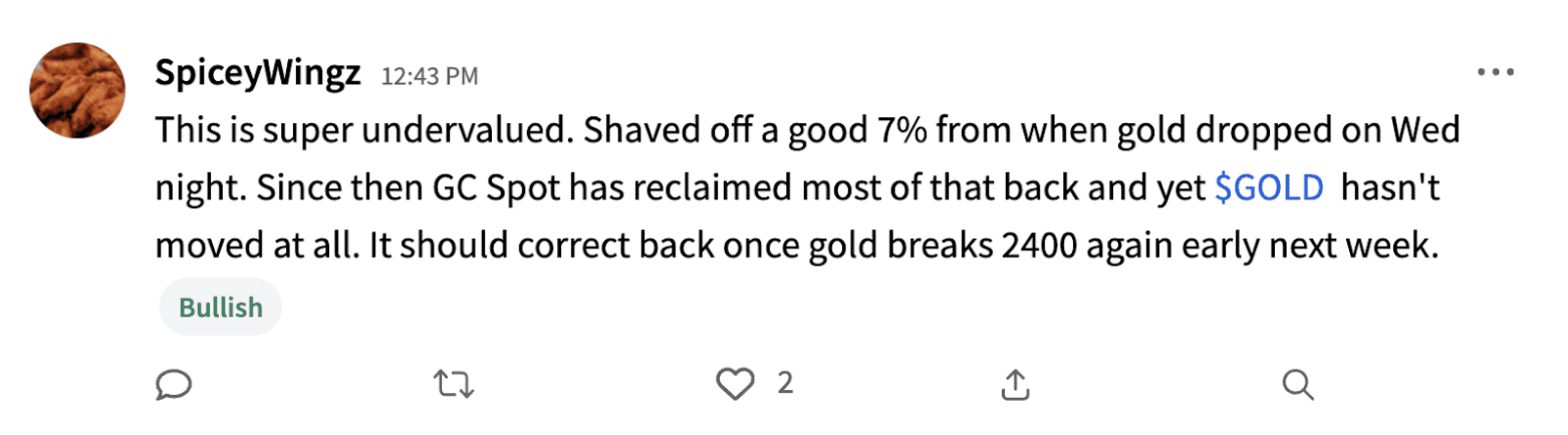 Stocktwits user SpiceyWingz's post on Barrick Gold.