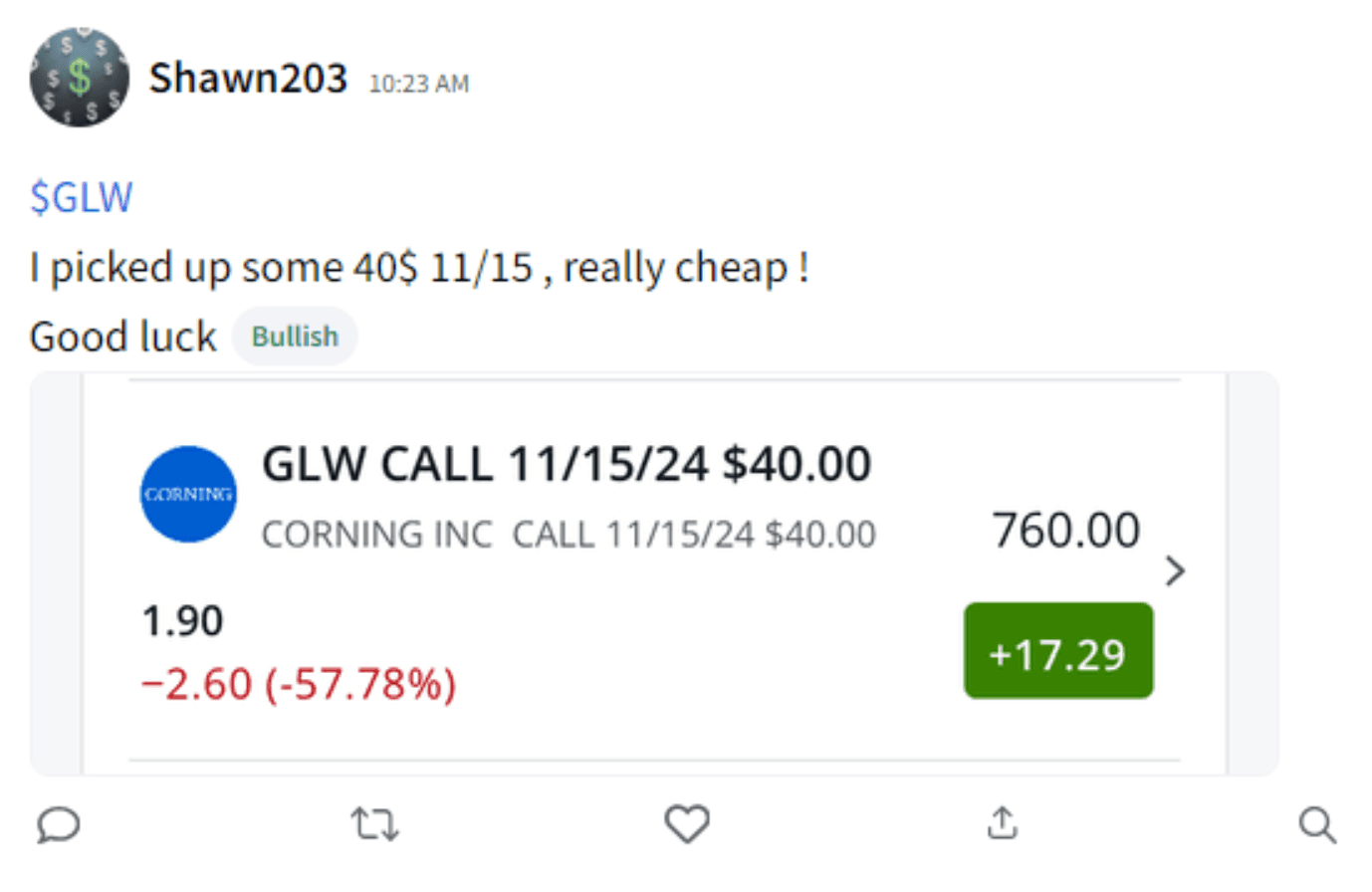 Stocktwits user Shawn203's post on Corning stock