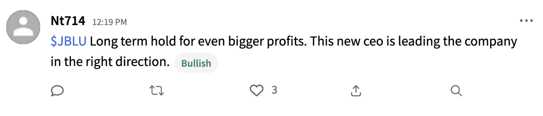 Stocktwits user Nt714's post on JetBlue