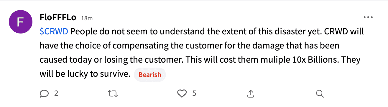 Stocktwits user FloFFFo post on CRWD strike Jul 19.png