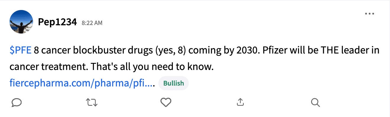 Stocktwits user Pep123's bullish post on PFE stream.png