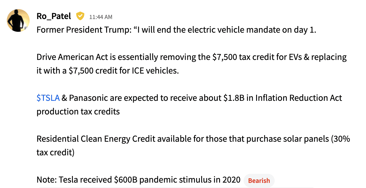 Stocktwits user Ro Patel's TSLA post Jul 19.png