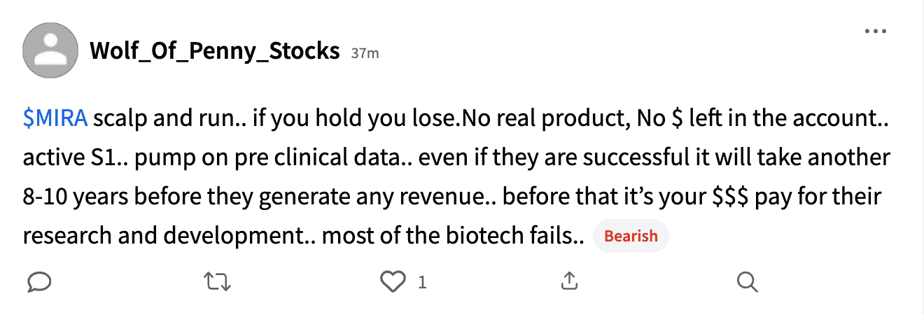 Stocktwits user comment on MIRA stream Jul 23.png