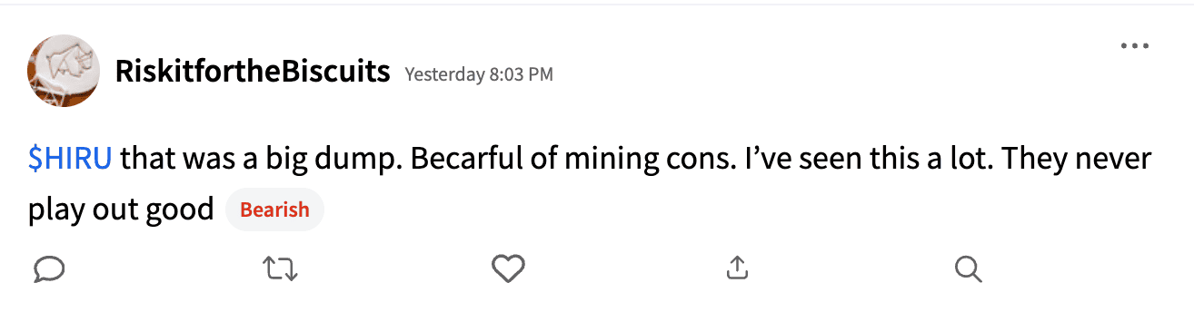 Stocktwits user's post on HIRU stream Aug 1 .png