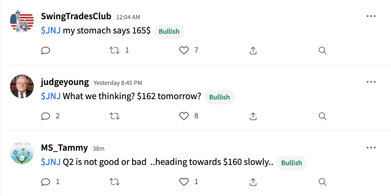 Stocktwits users' posts on JNJ stream premarket Jul 17