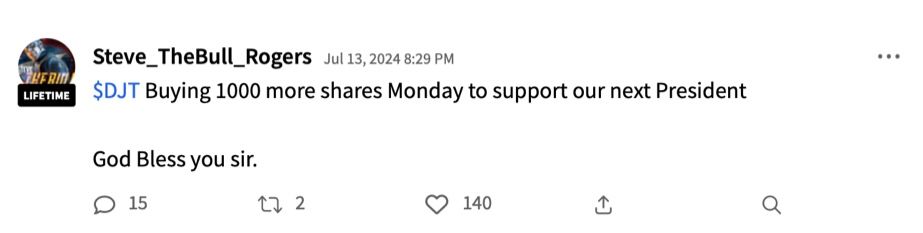 Stocktwits user Steve_theBull_rogers' message on DJT symbol stream
