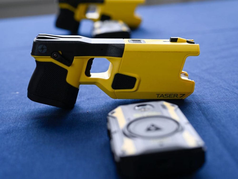 Bodycams and Taser 7 guns on display at the House of Scales, Central Navy facilities, on November 28, 2023, in Lisbon, Portugal. (Photo by Horacio Villalobos#Corbis/Corbis via Getty Images)