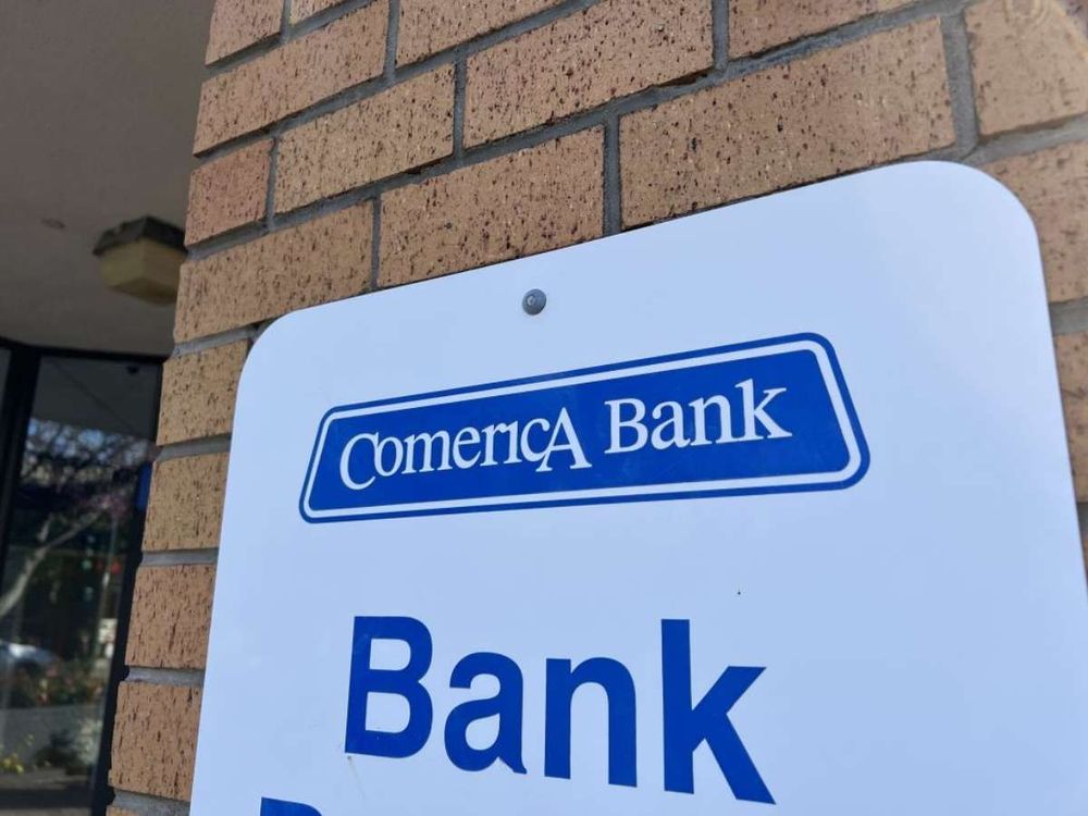 Comerica Bank building facade with blue signage and brick exterior, Walnut Creek, California, March 30, 2023. (Photo by Smith Collection/Gado/Getty Images)