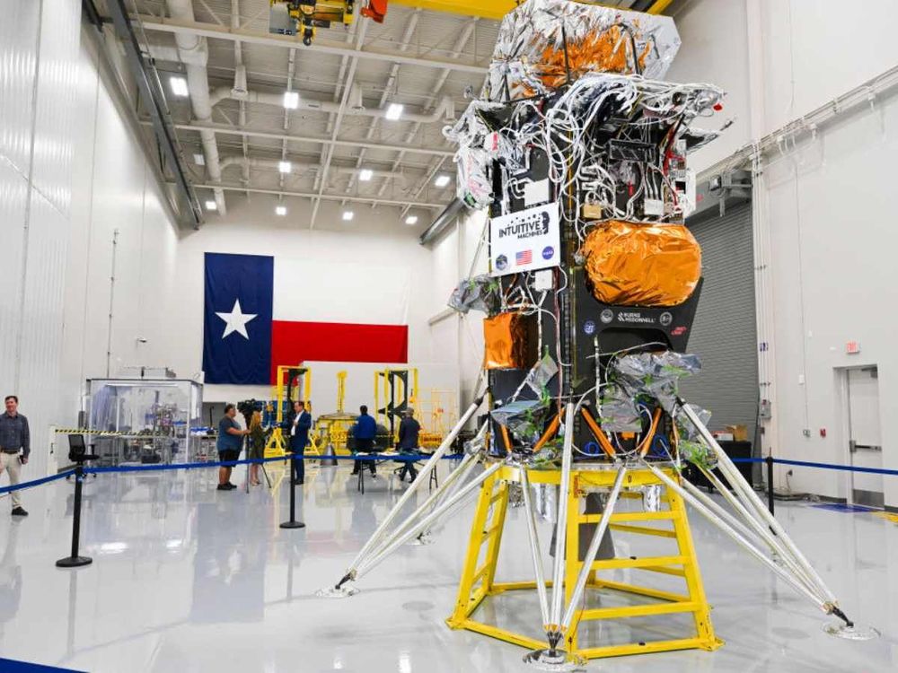 The Intuitive Machines IM-1 Lunar Lander, Nova-C, is on display. (Photo by Jonathan Newton/The Washington Post via Getty Images)