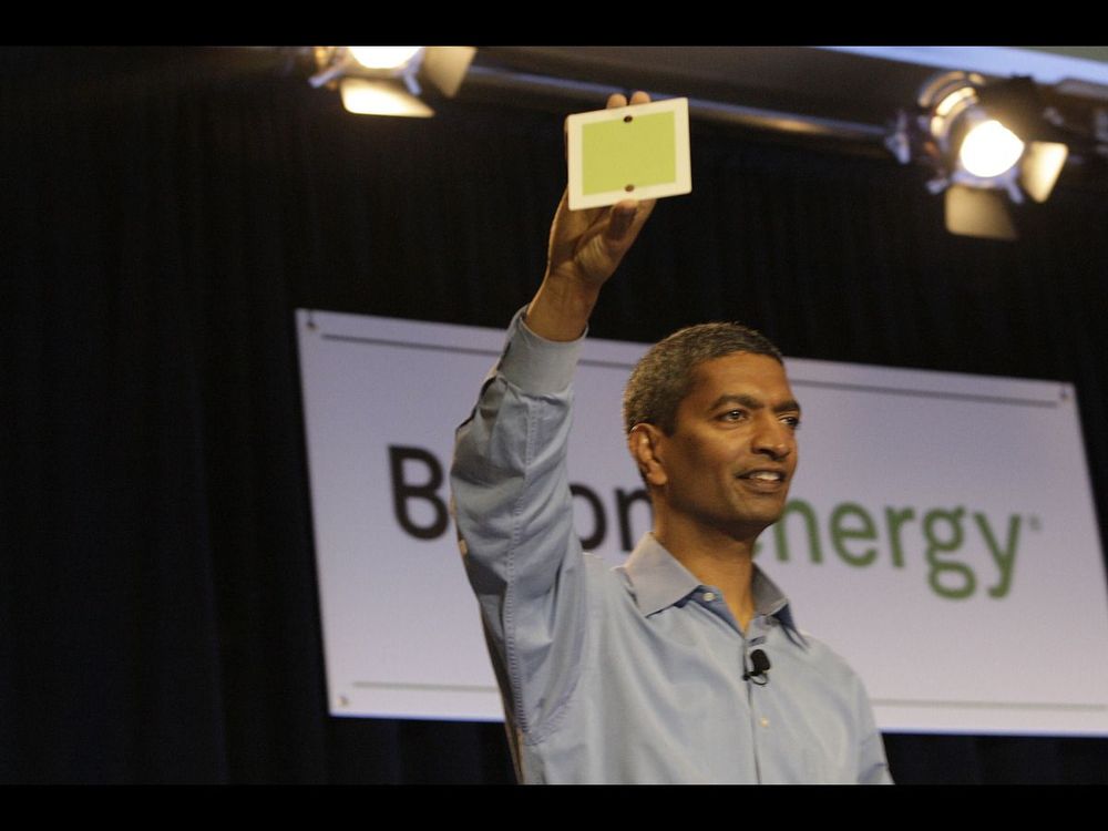 K.R. Sridhar, co-founder and CEO of Bloom Energy, holds up a fuel cell at a news conference at eBay offices in San Jose, Calif., Wednesday, Feb. 24, 2010. (Photo By Lea Suzuki/The San Francisco Chronicle via Getty Images)