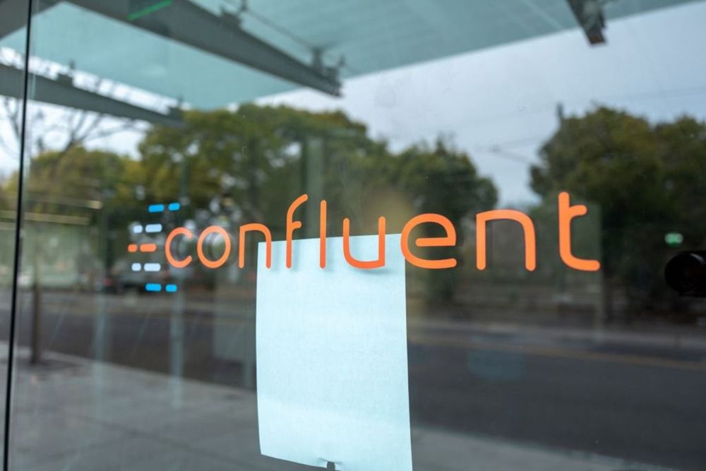 Door with logo at office of Confluent in the Silicon Valley, Mountain View, California, January 3, 2021.