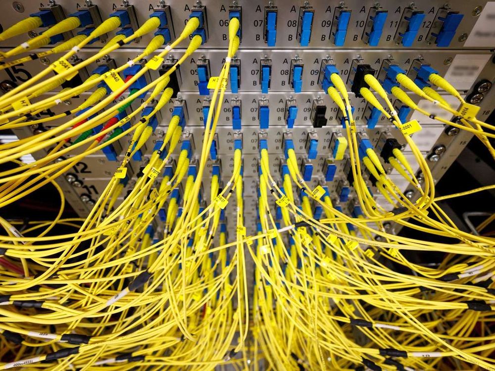 Fiber optic cable patch panels are located in the data center of a software service provider