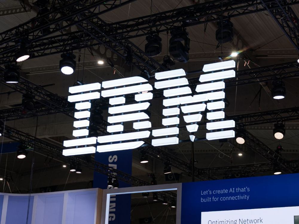 Chip maker IBM logo is seen at the Mobile World Congress 2025 (MWC) at the Fira de Barcelona. (Photo by Davide Bonaldo/SOPA Images/LightRocket via Getty Images)