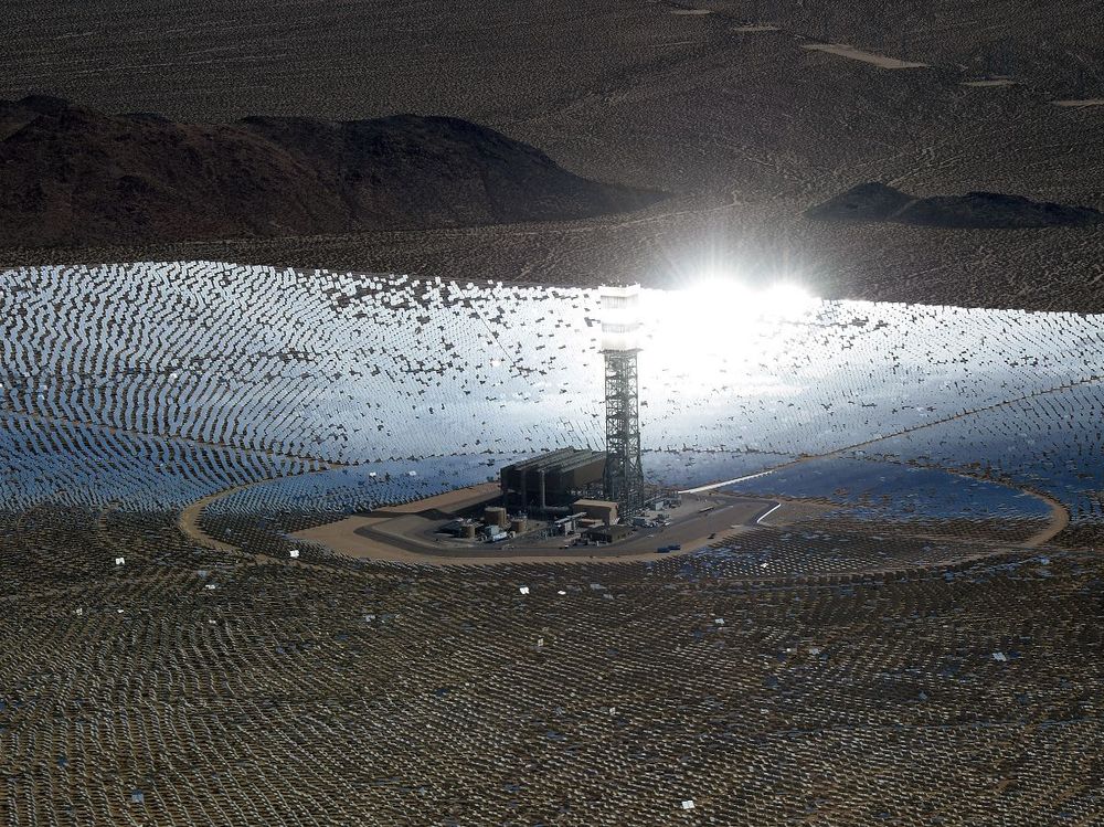 The largest solar thermal power-tower system in the world owned by NRG Energy, Google and Brightsource, seen in an aerial view on February 20, 2014 in the Mojave Desert in California near Primm, Nevada. (Photo by Ethan Miller/Getty Images)