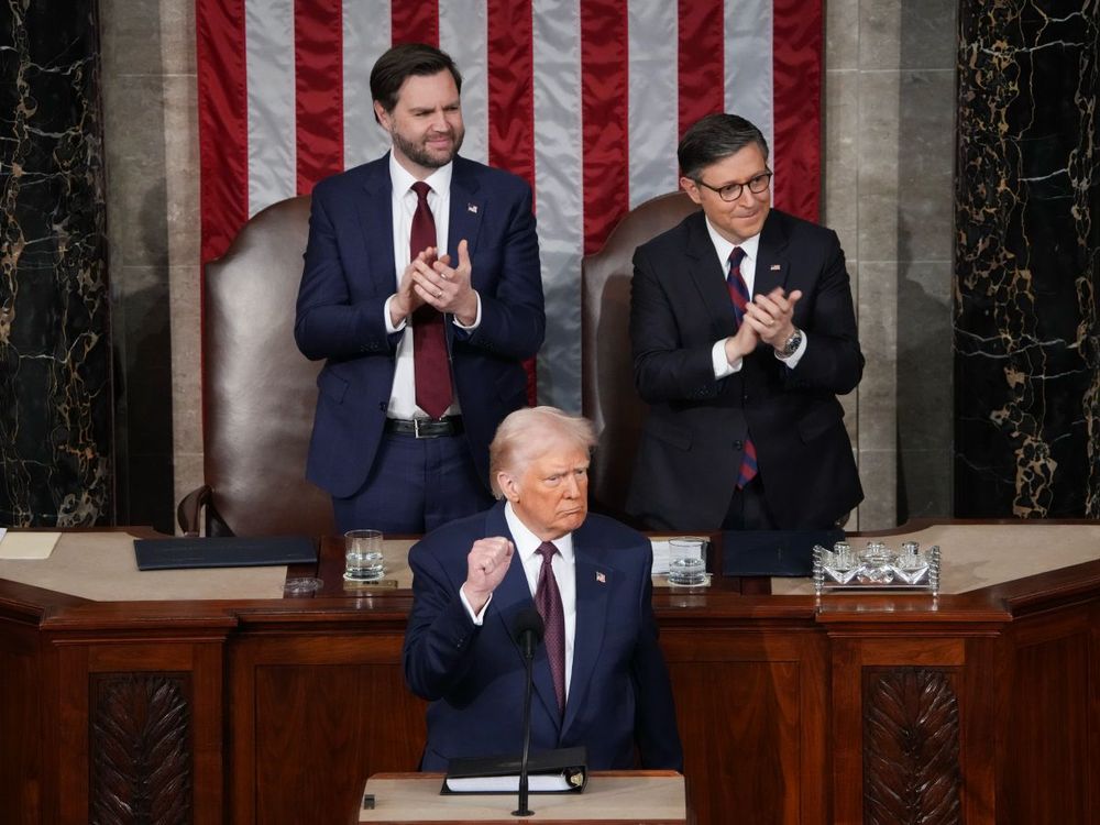 U.S. Vance President JD Vance and Speaker of the House Mike Johnson (R-LA) applaud as U.S. President Donald Trump addresses a joint session of Congress at the U.S. Capitol on March 04, 2025 in Washington, DC. (Photo by Andrew Harnik/Getty Images)